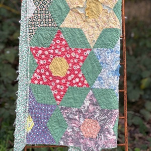 D) Vintage Tattered Feed Sack Star Quilt Piece, Jadeite Green Cutter Quilt Piece, Crafter Quilt, Large Patchwork Shabby Chic Quilt Piece