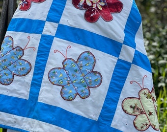Adorable Handmade Vintage Butterfly Quilt, Blue and White Butterfly Quilt, Reversible Cotton Christmas Quilt, Appliqued Patchwork Quilt