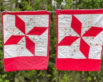 Vintage Star Quilt Piece, Quilt Fabric for Clothing, Red and White Star Quilt Piece, Cutter Quilt, Hand Quilted, Handmade Quilt Piece