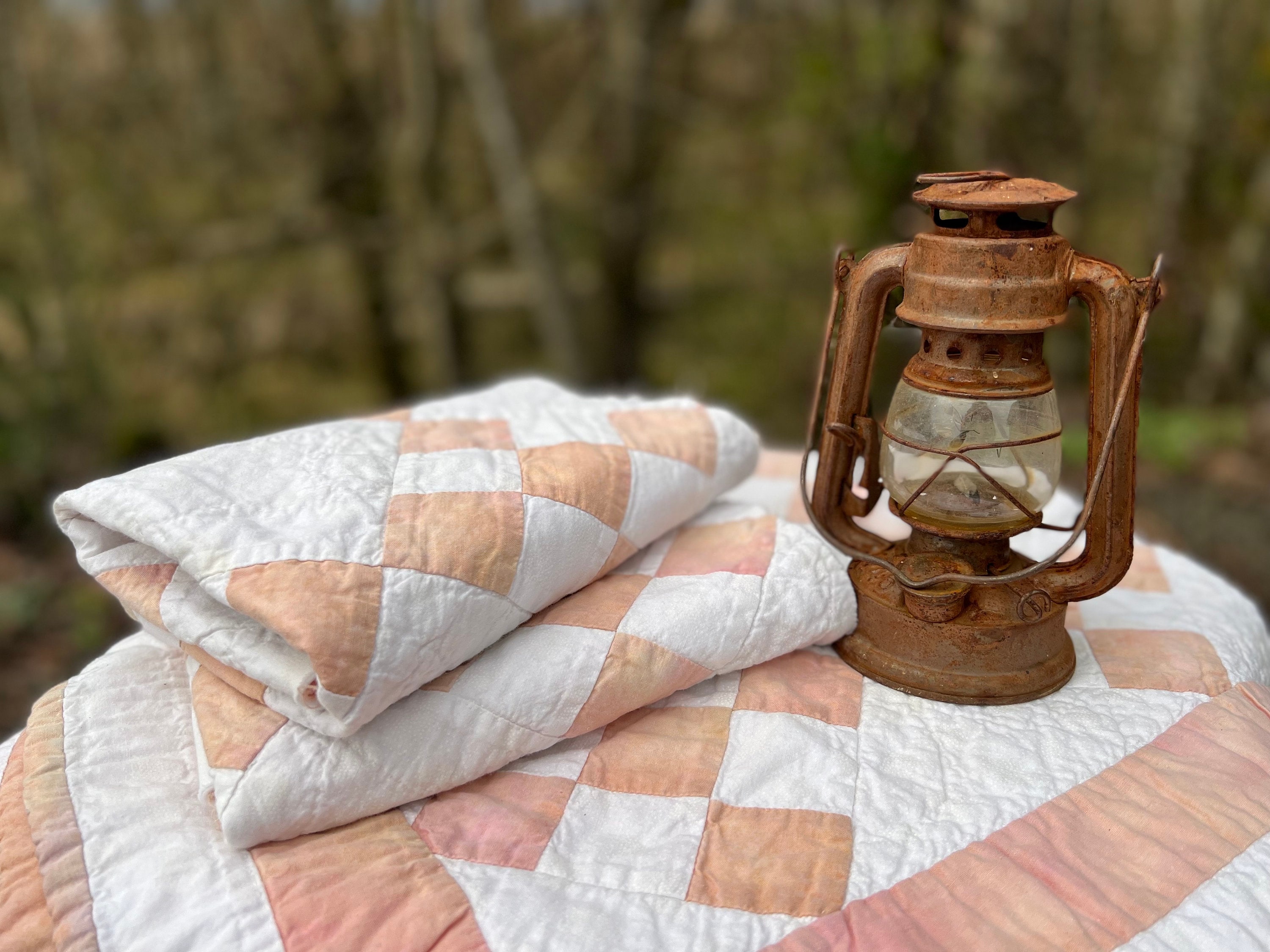 Vintage Tan & White Patchwork Quilt Piece: Shabby Chic Crafter Supply