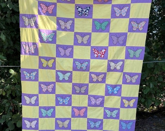Vintage Butterfly Quilt Top, Feed Sack Quilt Top, Hand Appliqued Butterfly Quilt Top, Handmade Quilt Top, Lavender and Yellow Quilt Top