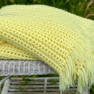 Vintage Handmade Butter Yellow Afghan: Large Fringed Throw (66&quot; X 80&quot;)