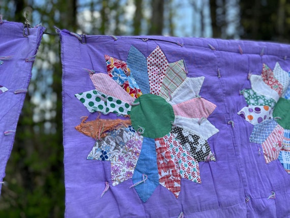 Lavender Dresden Plate Quilt Piece, Feed Sack Qui… - image 5