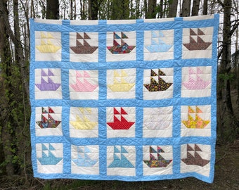 Vintage Sail Boat Quilt, Sail Boat Quilt, Nautical Quilt, Patchwork Quilt, Hand Quilted, Blue Quilt, Coastal Quilt, Coastal Quilt, Quilts