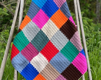 Vintage Handmade Crocheted Patchwork Afghan: Colorful Lap Blanket