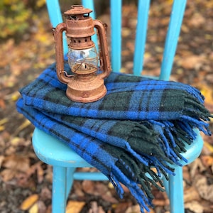 Vintage Wool Blend Plaid Throw, Blue & Green Stadium Blanket