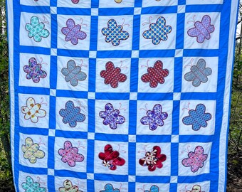 Handmade Vintage Butterfly Quilt, Blue and White Patchwork, Reversible Christmas Flannel