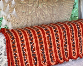 Retro Style Afghan, Orange, Peach and Tan Afghan, Handmade Afghan, Heavy Afghan, Sofa Covering