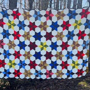 Handmade Star Afghan: Vintage Embroidered Boho Bedspread (1991)