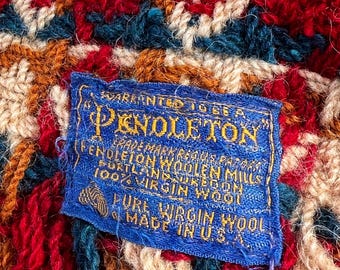 Vintage & Unique Pendleton Throw; Primitive Burgundy, Navy, Tan and Mustard Lap Blanket