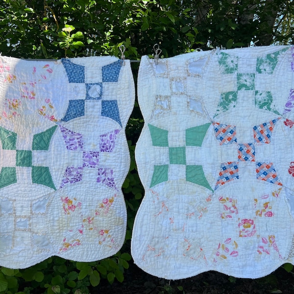 Two Shabby Chic Vintage Quilt Pieces, Old Cutter Quilt, Cutter Quilt Patchwork Quilt Piece, Hand Quilted, Tattered Hand Quilted Quilt Piece