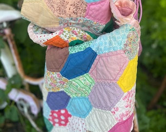 Lovely Vintage Pink with Printed Fabric,  Shabby Chic Hexagon Patchwork Cutter Quilt Piece