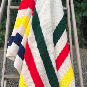 Hudson Bay inspired Afghan, Hand Crocheted Afghan,  Vintage Afghan, Large Afghan, Afghan Blanket, Crocheted Blanket, Camp Trailer Decoration