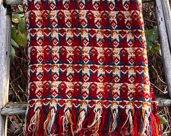 Vintage & Unique Pendleton Throw; Primitive Burgundy, Navy, Tan and Mustard Lap Blanket