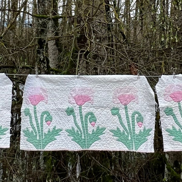 Pink and White Flower Quilt Piece, 3 Tulip Quilt Piece, Antique Quilt Piece, Hand Quilted Quilt Piece, Appliqued Quilt Piece, Handmade Quilt