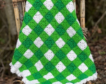 Small Green and White Afghan, St. Patricks Day Afghan, Lap Blanket, Crocheted Lap Throw, St. Patty's Decor, Crocheted Baby Blanket, Afghans