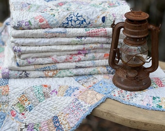 Handmade Floral Feed Sack Quilt Top For Sale Hand Pieced Hand Appliqu\u00e9