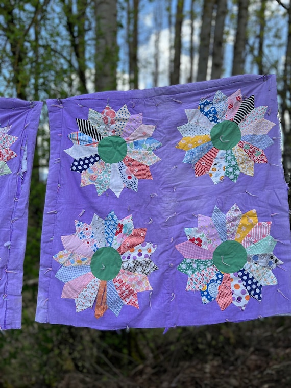 Lavender Dresden Plate Quilt Piece, Feed Sack Qui… - image 9