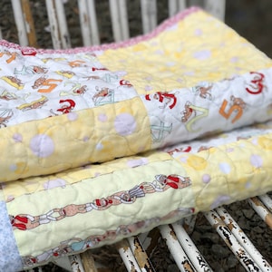 Yellow Patchwork Baby Quilt: Sock Monkey Cotton Lap Throw (46" X 34")