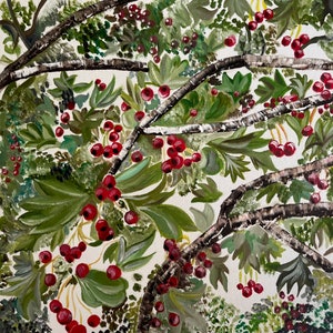May include: A painting of a tree branch with red berries and green leaves against a white background.