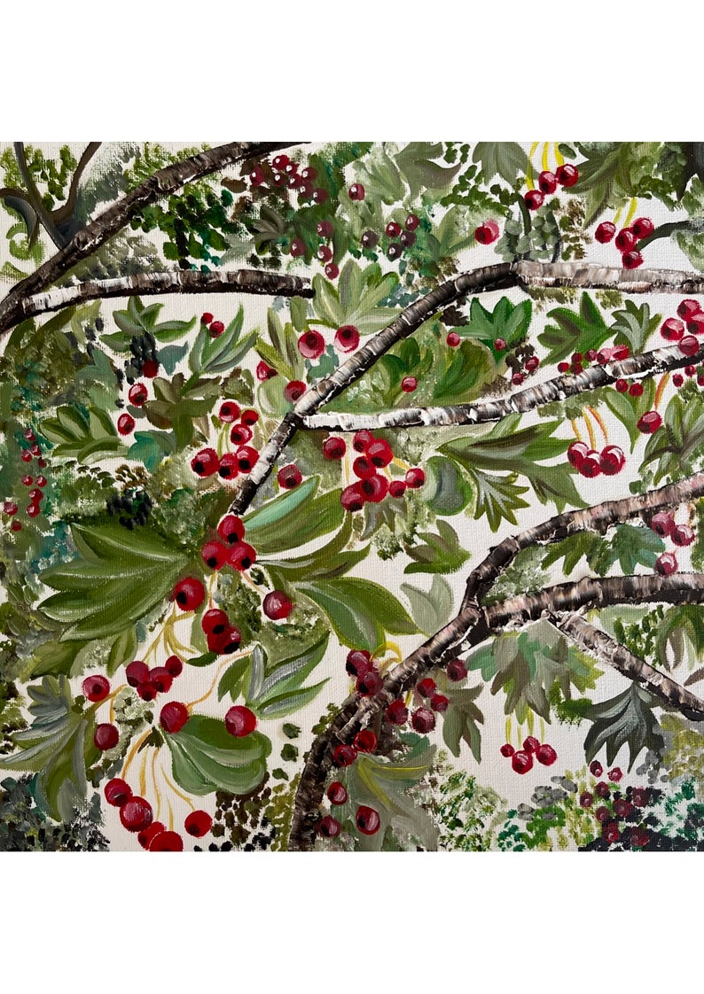 May include: A painting of a tree branch with red berries and green leaves against a white background.