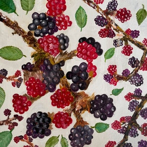 May include: A painting of a branch with red and black berries. The berries are clustered together on the branch, and the background is a white canvas.