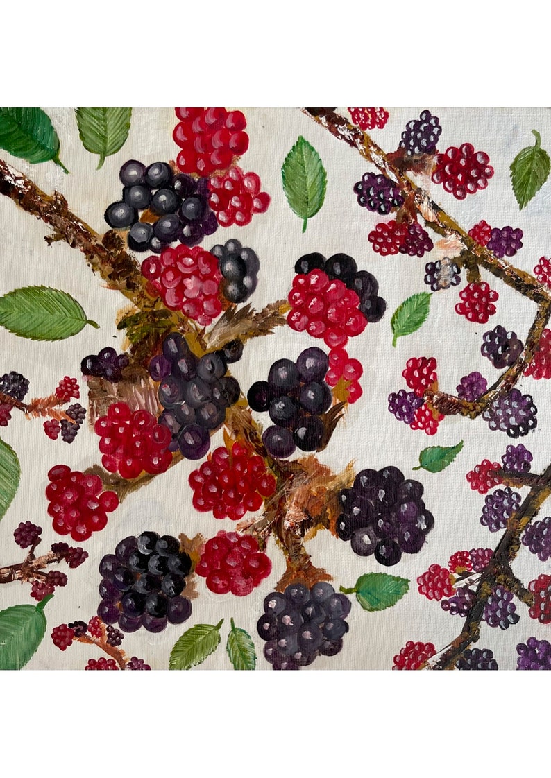 May include: A painting of a branch with red and black berries. The berries are clustered together on the branch, and the background is a white canvas.