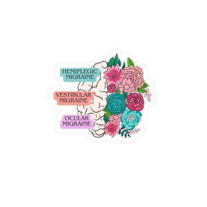 May include: A stylized illustration of a brain with colorful flowers growing out of it. The brain is labeled with different types of migraines: Hemiplegic Migraine, Vestibular Migraine, and Ocular Migraine.