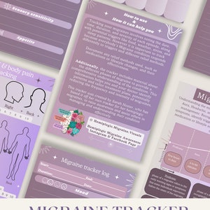 May include: A purple and white printable migraine tracker log with a floral design. The tracker includes sections for tracking mood, energy, sensory sensitivity, appetite, body pain, and medications. The text "Download Now" is at the bottom of the page.