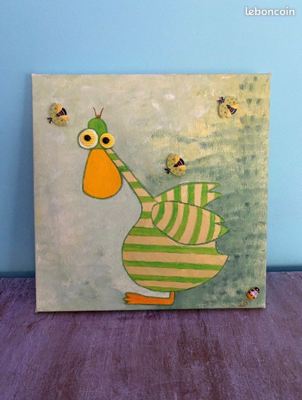 Tableau Chambre Enfant Carré Dessin Oie/Canard, Papillons Dans Les Tons Vert et Orange Peinture à L'