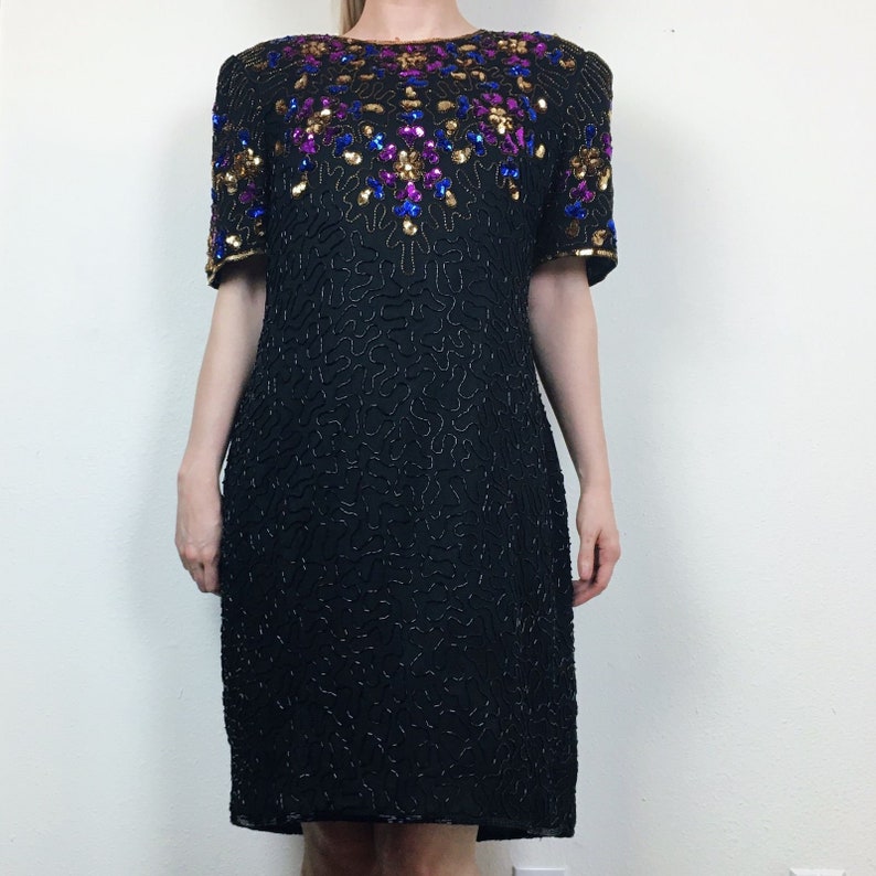 80s Stenay Beaded Sequin Embellished Short Sleeve Black Mini Cocktail Dress