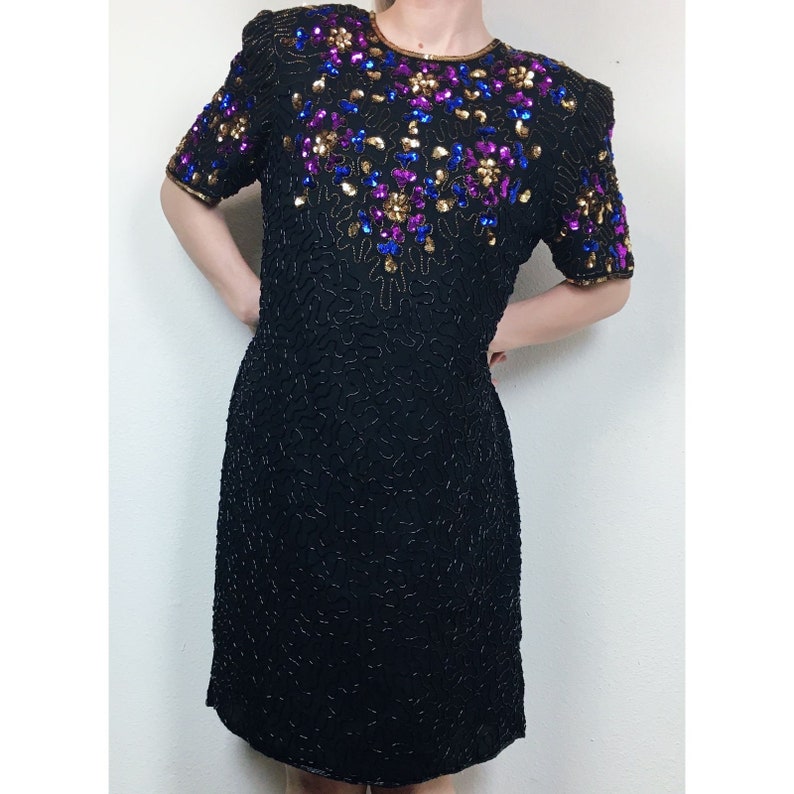 80s Stenay Beaded Sequin Embellished Short Sleeve Black Mini Cocktail Dress