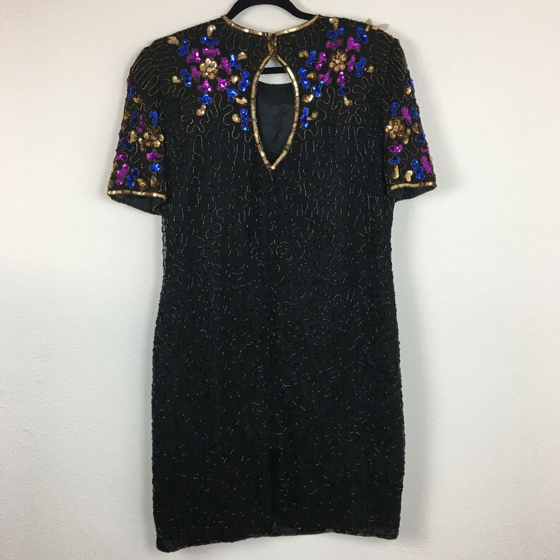 80s Stenay Beaded Sequin Embellished Short Sleeve Black Mini Cocktail Dress