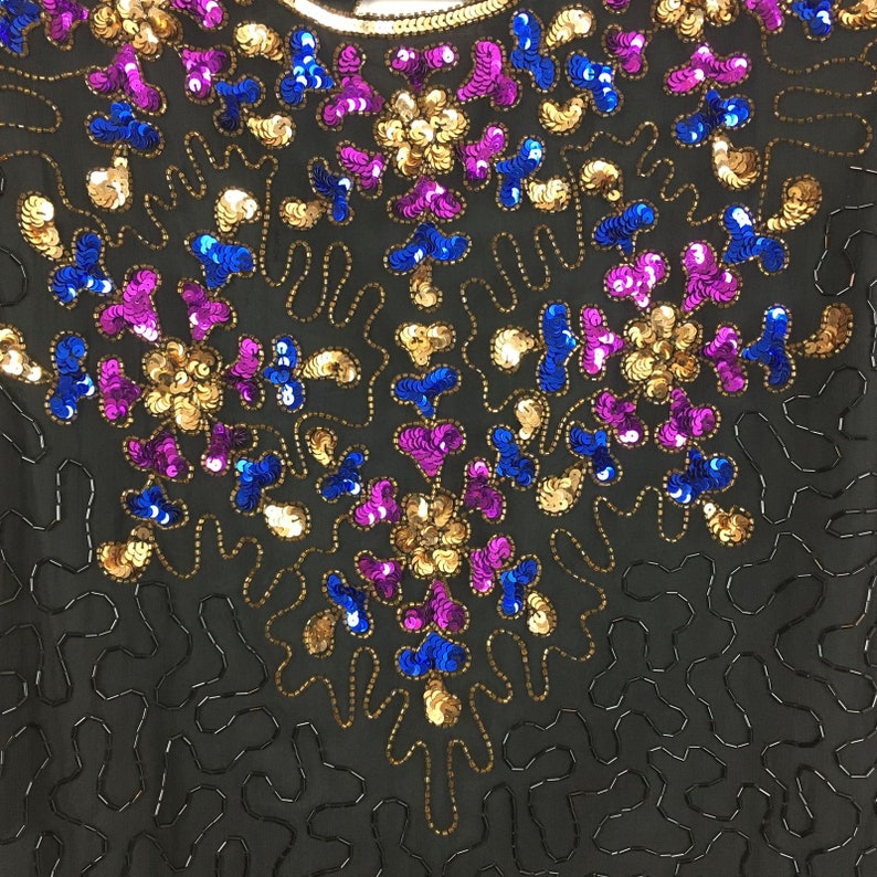 80s Stenay Beaded Sequin Embellished Short Sleeve Black Mini Cocktail Dress