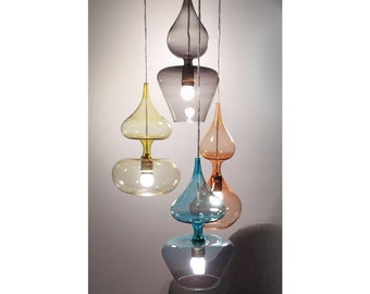 Set of 4 Modern Multicolored HANDMADE Deco light fixture , Hanging lamp for Dining room lights , hand blown glass pendant, ceiling lights