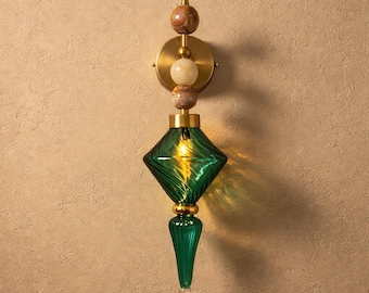 Emerald Green Glass wall sconce - Onyx & Brass wall light - Bathroom vanity light - handmade wall fixture