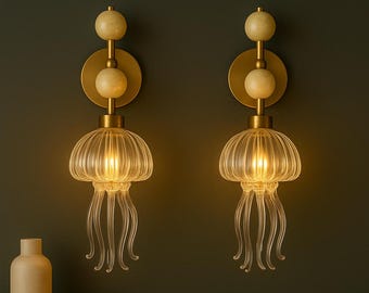 Jellyfish Wall Sconce – Onyx & Blown Glass Light Fixture with Brass Finish – Artisan Ocean-Inspired Wall Lighting - Ocean decor