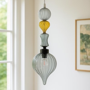 Handblown Glass Pendant Light – Smokey Grey & Yellow Decorative Ceiling Fixture