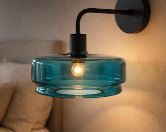Glass Wall Sconce, Blue Glass Wall Lamp, Modern Wall Sconce Lighting, Bedside Wall Light, Handmade Wall Mounted Light Fixture