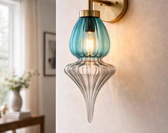 Glass Wall Sconce, Brass Wall Sconce Lighting, Blue Hand Blown Glass Wall Lamp, Vintage Bedside Wall Light, Handmade Wall Mounted Light