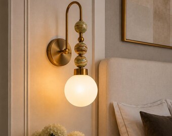 Green Onyx Ball Wall Sconce - Brass Bathroom Vanity Light - Handmade Stone Wall Light - Opal Glass Globe - Bedside Wall Lamp