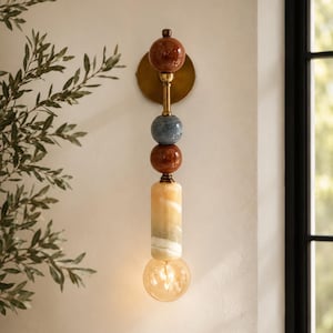 Handmade Brass Wall Sconce with Marble Gemstones – Indoor Lighting