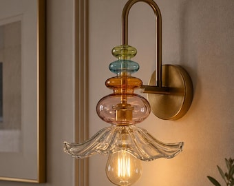 Handmade Bathroom Vanity Light Set of 2 – Modern Brass Wall Sconce Pair, Colorful Blown Glass Bathroom Lighting, Luxury Double Vanity Lights