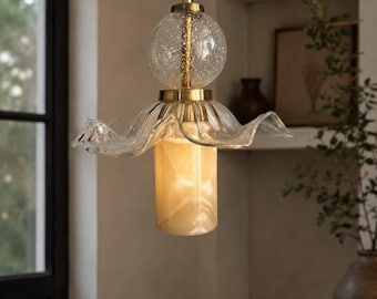 Clear Glass Pendant Light, Sculptural Ruffled Glass Lamp, Brass Kitchen Island Lighting, Handmade Art Glass Pendant, Luxury Hanging Light