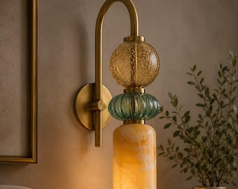 Handmade Marble & Blown Glass Wall Sconce - Murano Style Wall Light - Brass Vanity Light - Art Deco Sconce - Bathroom Light - Bedside Lamp