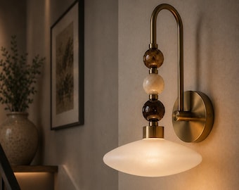 Bedside Wall Lamp - Handmade Onyx and Frosted Glass wall sconce - Brass Finish Light Fixture - Artisan Wall Lighting