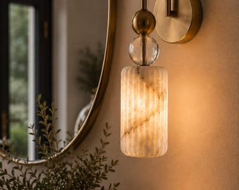 Handmade Alabaster Wall Sconce – Brass & Glass Wall Light – Modern Luxury Sconce – Art Deco Bathroom Vanity Light – Hallway Lighting