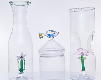 water carafe with white flower colored Glass , Bedside carafe , bedside water carafe , hand blown Glass , glass carafe