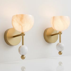 Alabaster Wall Sconce Light | Natural Stone Lamp with Solid Brass Arm and Marble Accent | Handmade Wall Lighting