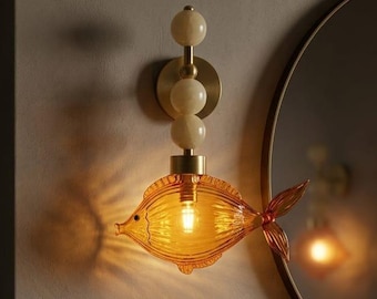 Handmade Onyx & Brass Fish Wall Sconce - Glass Art
